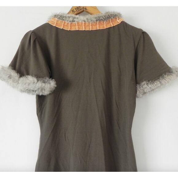 Vintage Free for Humanity Jeweled Beadazzled Med Olive Green Rabbit Fur Trim Top - Picture 7 of 16